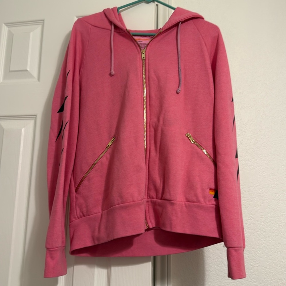 Aviator Nation pink zip ip sweatshirt- medium. Pink/gold, black lightening bolts